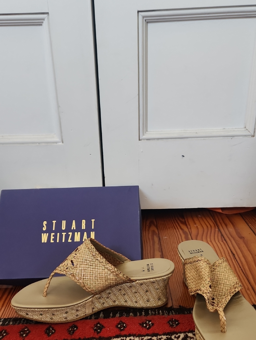Stuart Weitzman Tan Woven Wedge Thong Sandals